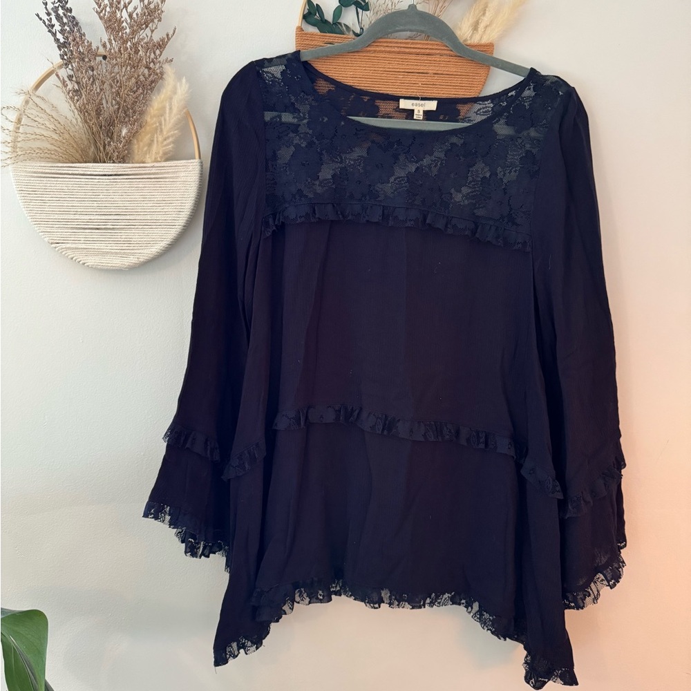 Easel Navy Lace Trim Top